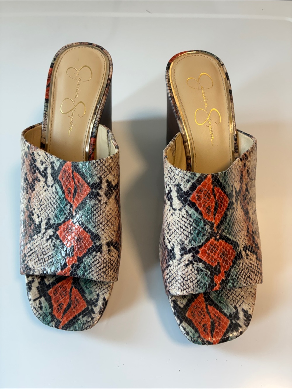 Jessica Simpson Snake-Print Wedge Mules with Orange and Teal Accents size10 M